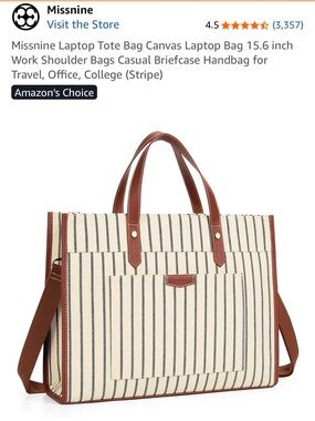 Canvas Stripe Tote Bag with Brown Trim - Women Bags